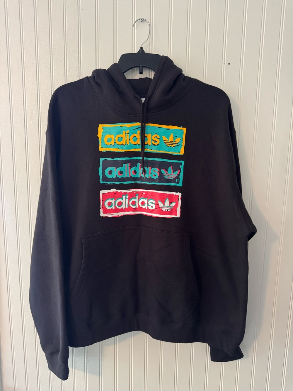 adidas Black Crewneck Sweatshirt with Yellow Teal and Red Logo Panels